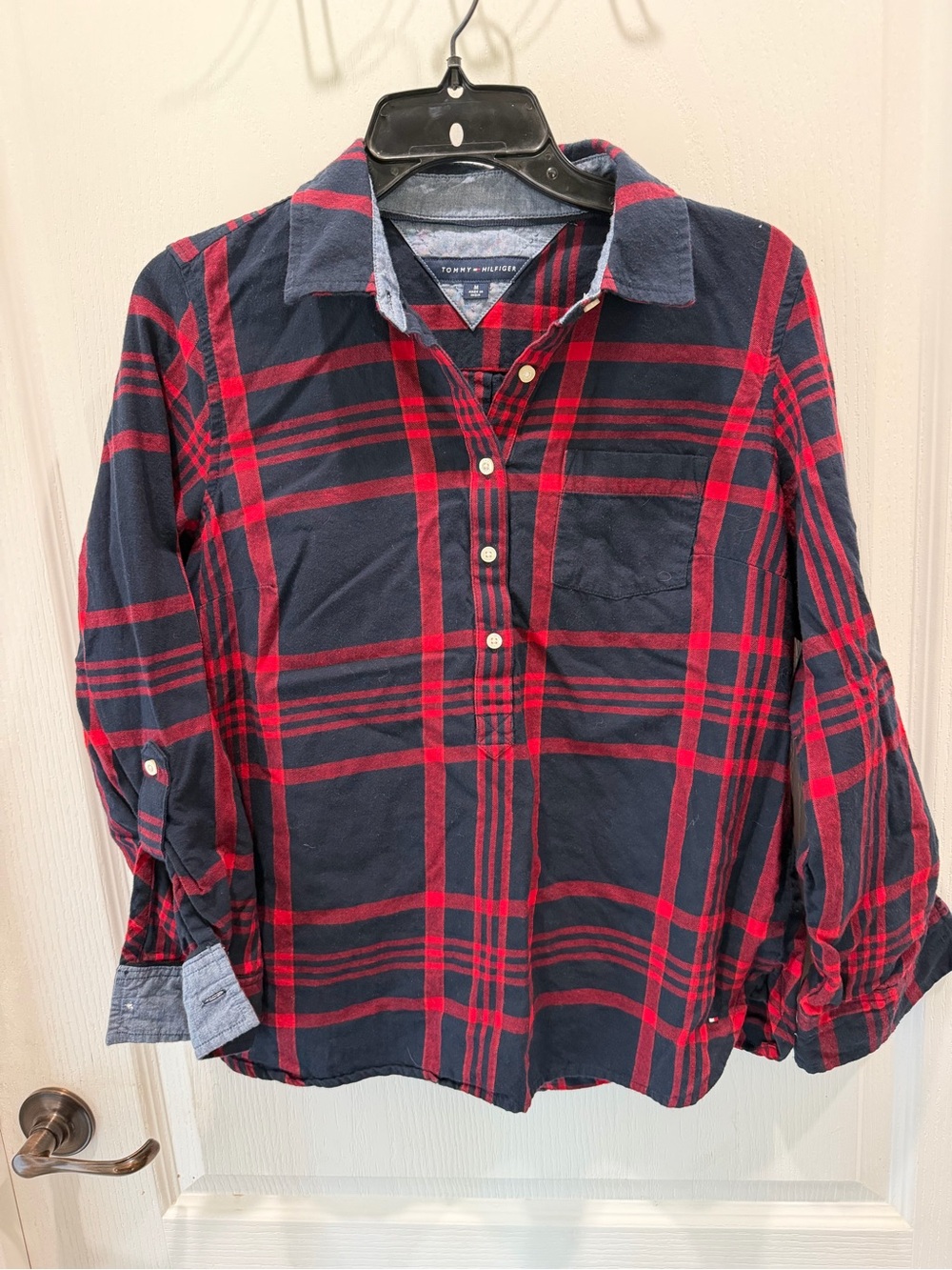 Tommy Hilfiger Red and Navy Plaid Button-Front Shirt